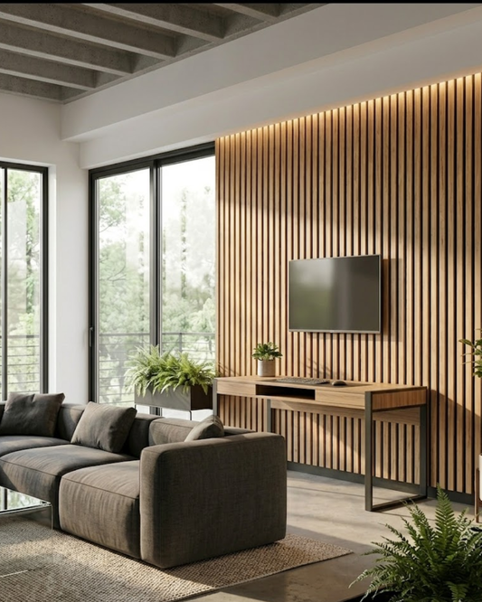 Modern living room with a sectional sofa, wooden desk, and TV against a slatted wood wall by Wood Panel Philippines.