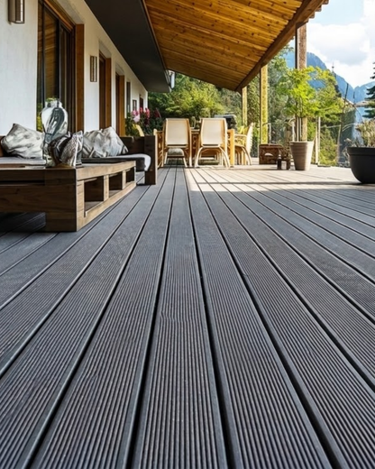 Gray Outdoor WPC Floor Decking with outdoor furniture and a mountain view