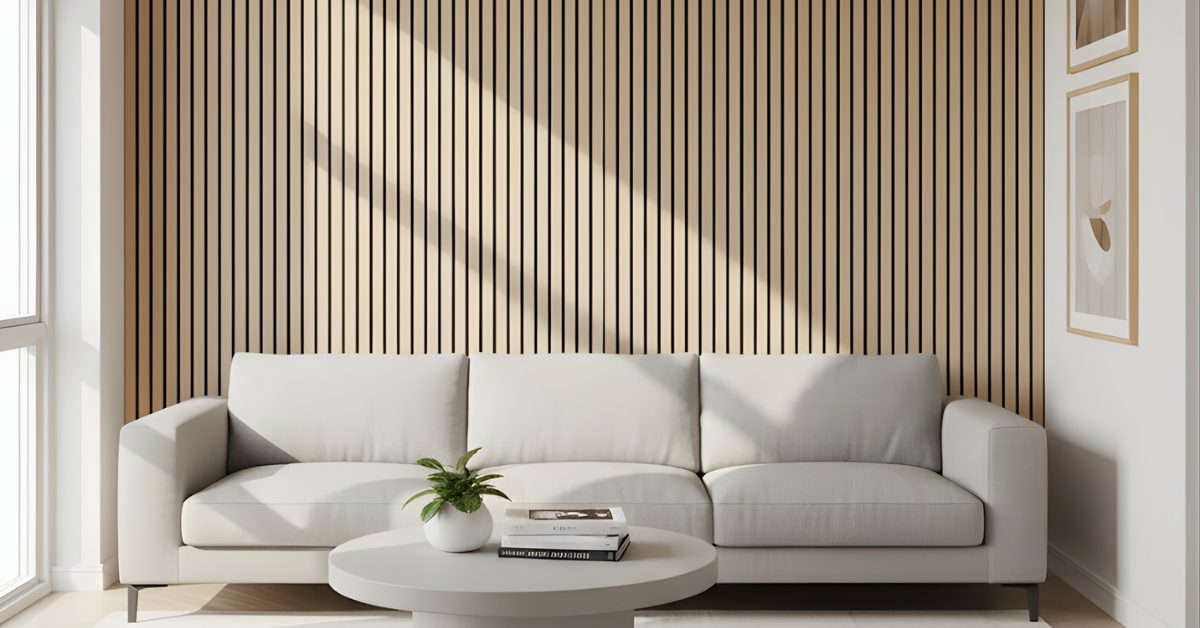 Modern living room with a gray sectional sofa against a Acoustic Wall Panels by Wood Panel Philippines.