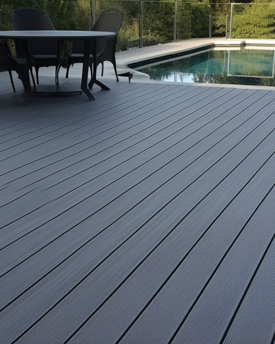 Gray Outdoor WPC Floor Decking with outdoor furniture and a pool in the background