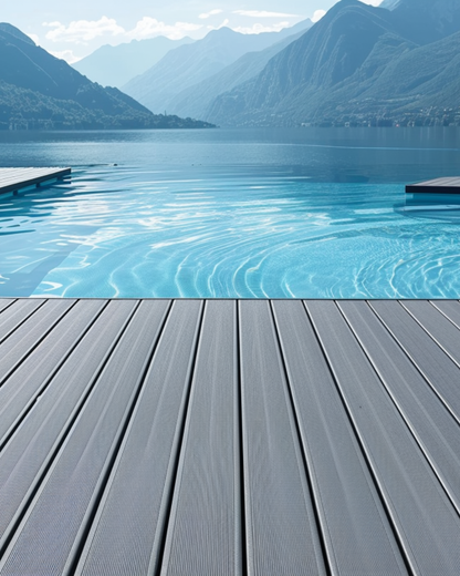 Outdoor WPC Floor Decking overlooking a lake with mountains in the background