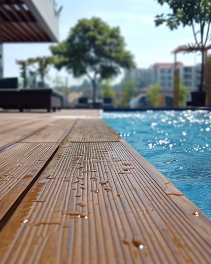 Outdoor WPC Floor Decking by a pool with blurred background