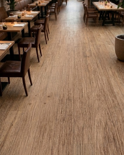 Almond Oak SPC flooring installed in a modern restaurant interior