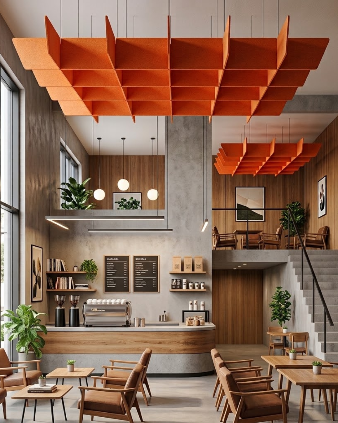 A modern interior cafe or lounge space with Acoustic Baffle ceiling panels, orange geometric hanging light fixtures, a counter, chairs, tables, plants, and a staircase.