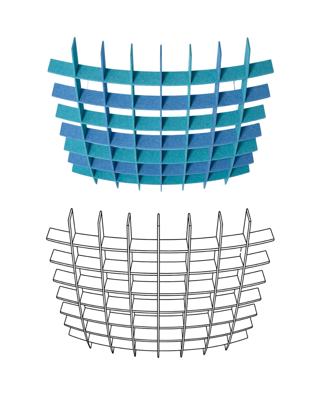 A product rendering showing a Acoustic Baffle ceiling panels : a top view at the top with layered blue and teal panels, and a side outline at the bottom showing the wire frame structure.