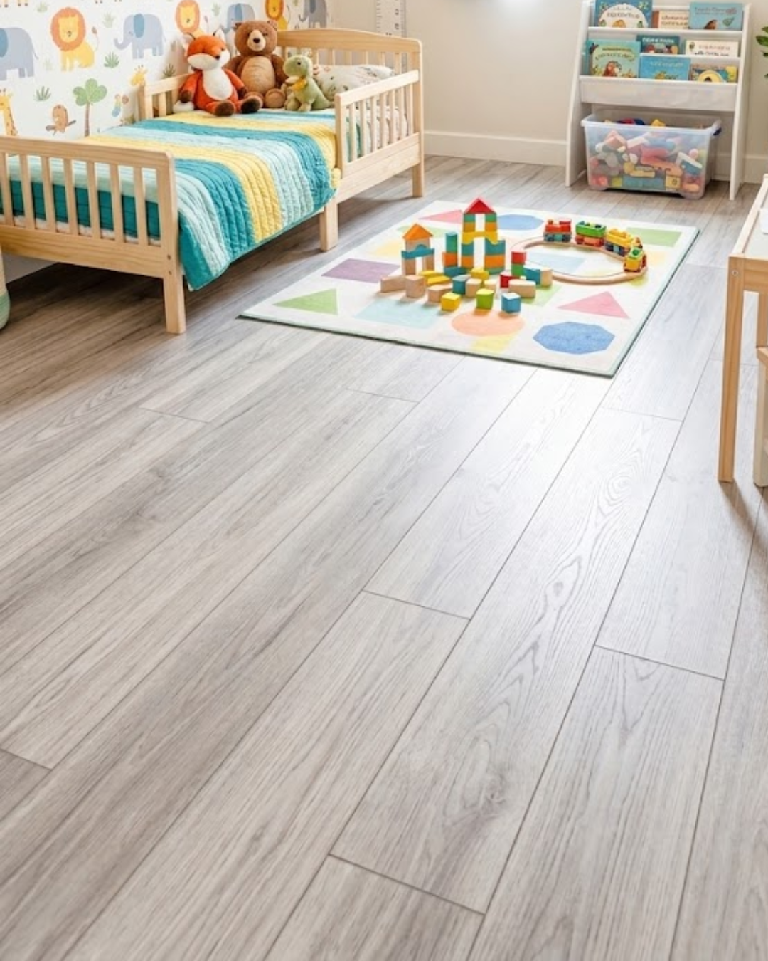 Ash Gray SPC flooring installed in a bright kids bedroom