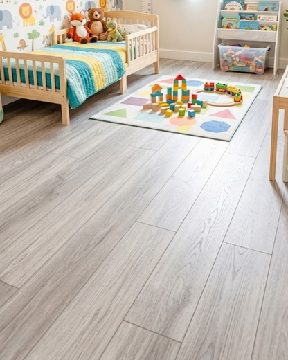 Ash Gray SPC flooring installed in a bright kids bedroom
