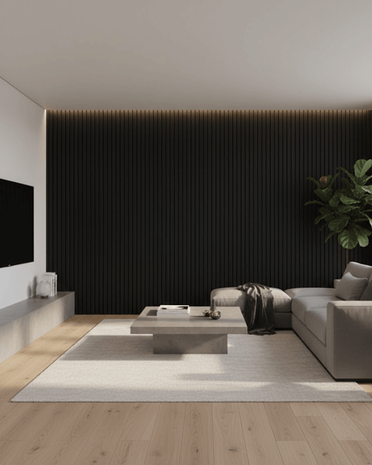 Modern living room with a black Felt Acoustic Wood Wall Panel, gray sofa, and coffee table.