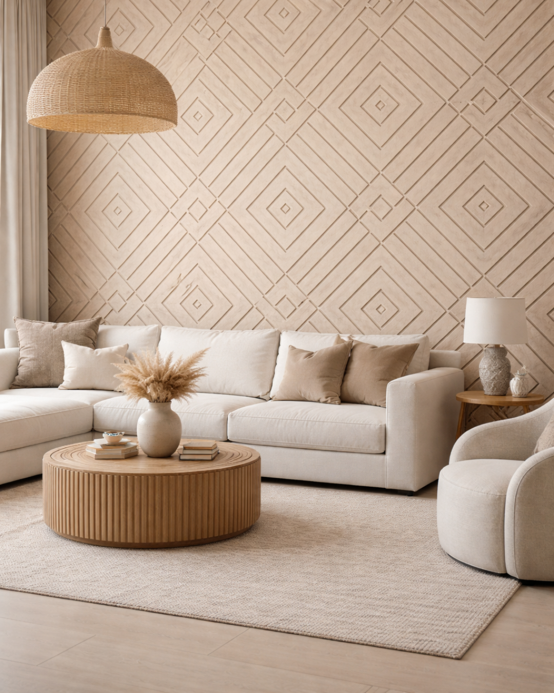 Modern living room with a beige sectional sofa, wooden coffee table, and decorative Acoustic PET Panel.