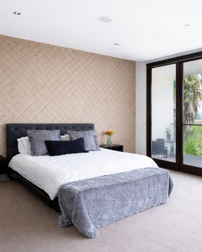 Modern bedroom with a bed, nightstand, and decorative pillows with Acoustic PET Panel.