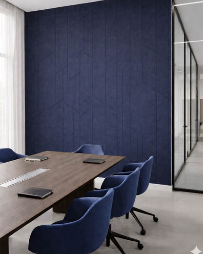 Modern conference room with blue chairs and a textured blue Acoustic PET Panel.