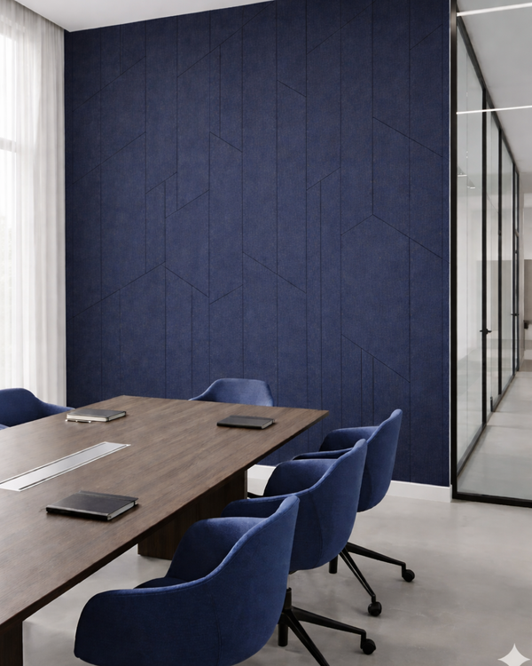 Modern conference room with blue chairs and a textured blue Acoustic PET Panel.