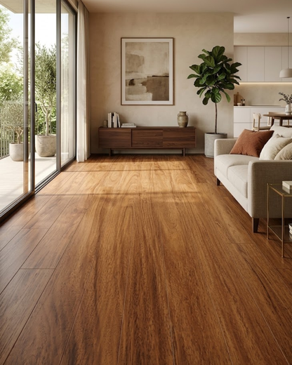 Brown Oak SPC flooring installed in a modern living room