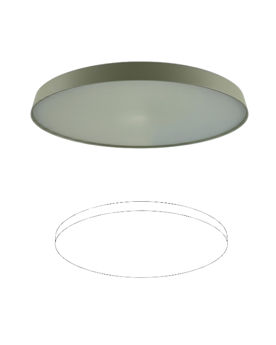 A modern flush-mount ceiling light fixture shown from an angled top-down view, featuring a matte olive green outer rim and a frosted white diffuser. Below the light, a thin black circular outline diagram is displayed on a solid white background.
