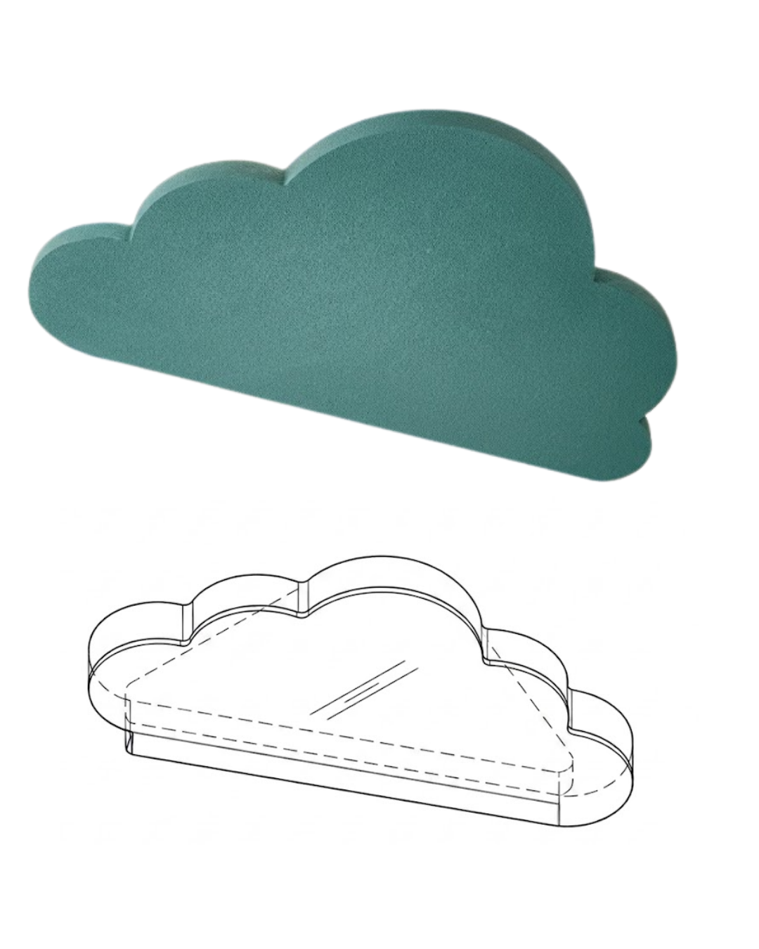 A cloud-shaped teal shelf shown above a simple line drawing of the same cloud outline on a white background.