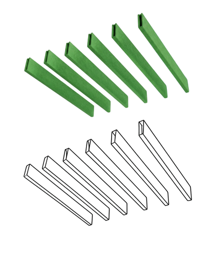 Acoustic Baffle ceiling panels, six green rectangular strips shown above six matching white outlined strips on a plain white background.