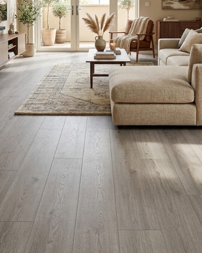 Fossil Oak SPC flooring installed in a modern living room