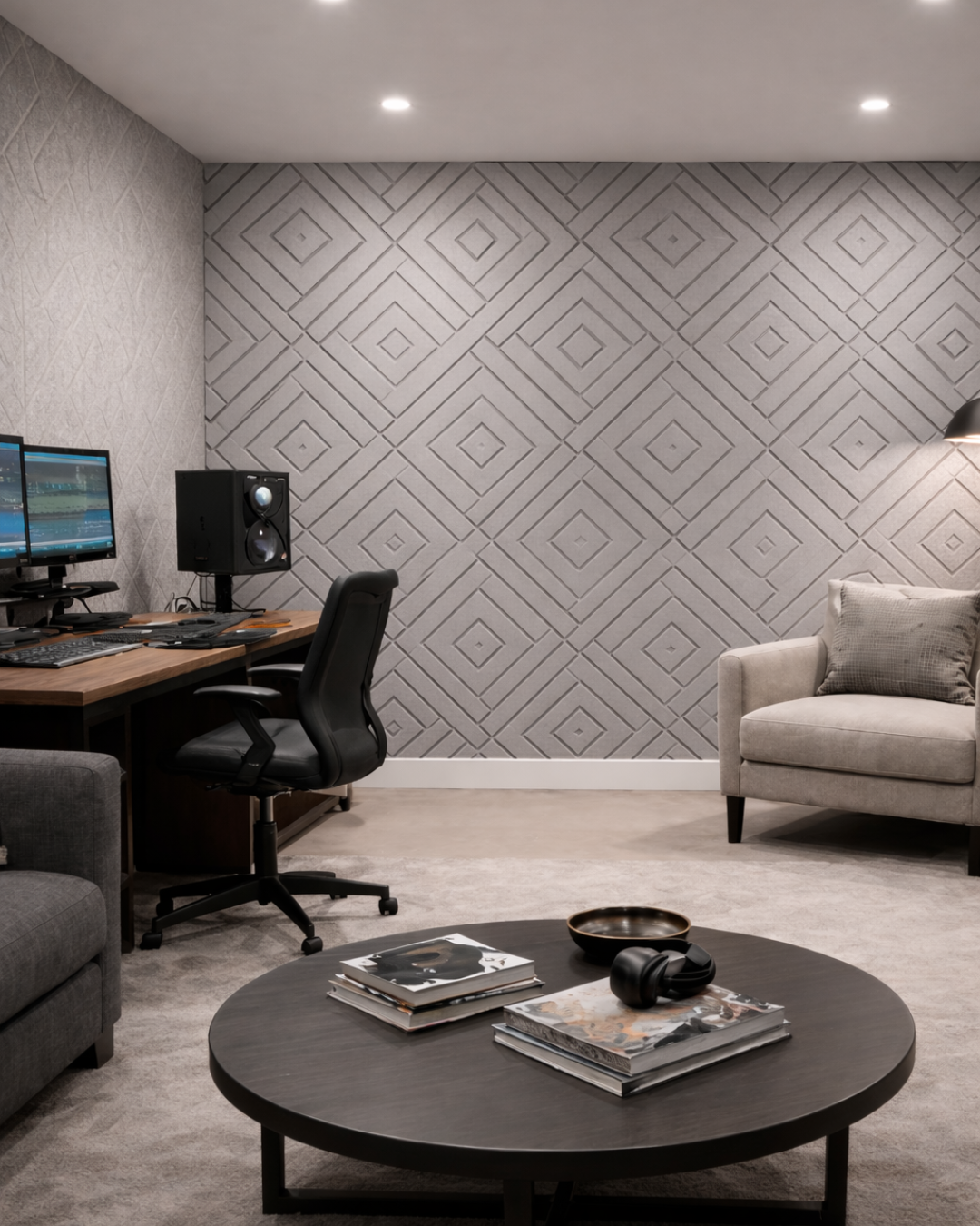 Modern home office with geometric wall Acoustic PET Panel, desk, and armchair.