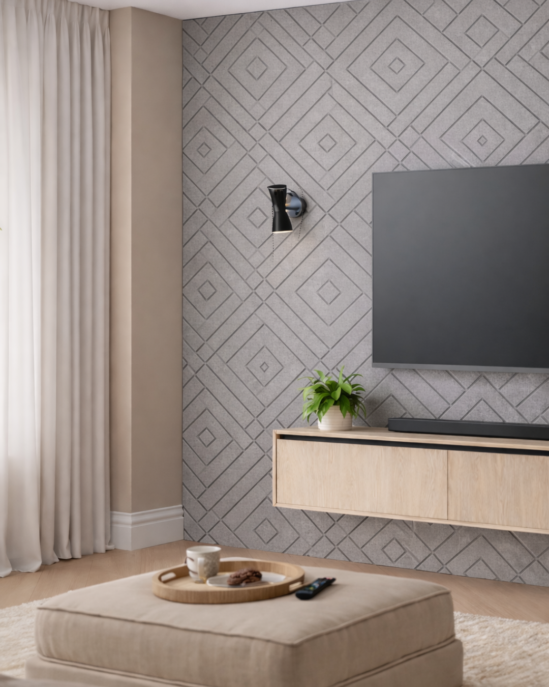 Modern living room with geometric Acoustic PET Panel, TV, and decorative items.