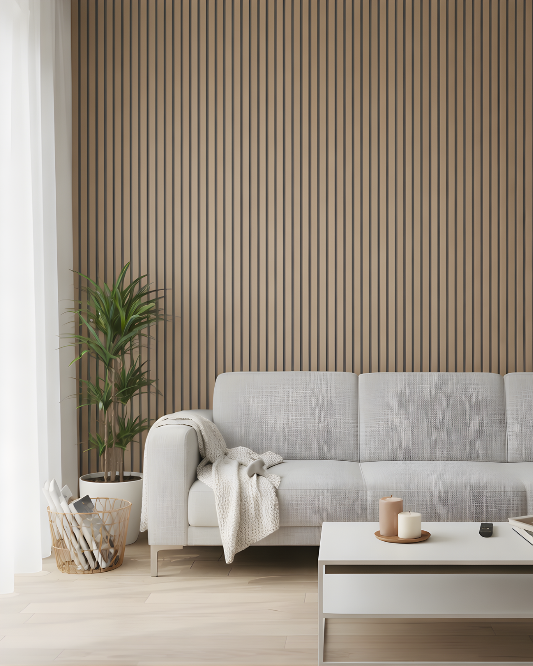 Modern living room with a gray sofa, coffee table, and striped wall with Oak Gray Felt Acoustic Wood Wall Panel