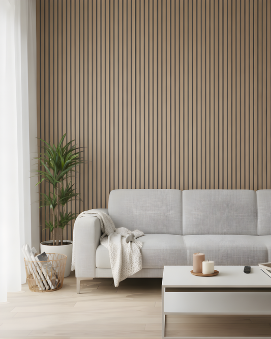 Modern living room with a gray sofa, coffee table, and striped wall with Oak Gray Felt Acoustic Wood Wall Panel