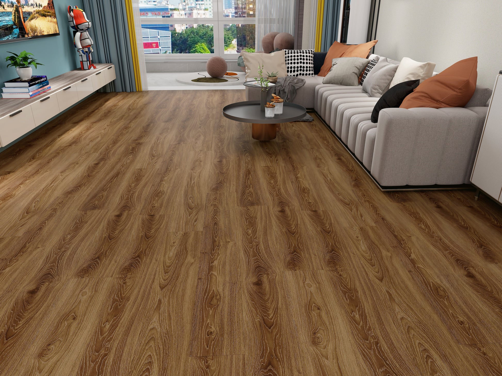 Vinyl flooring in a modern living room with medium brown wood look planks