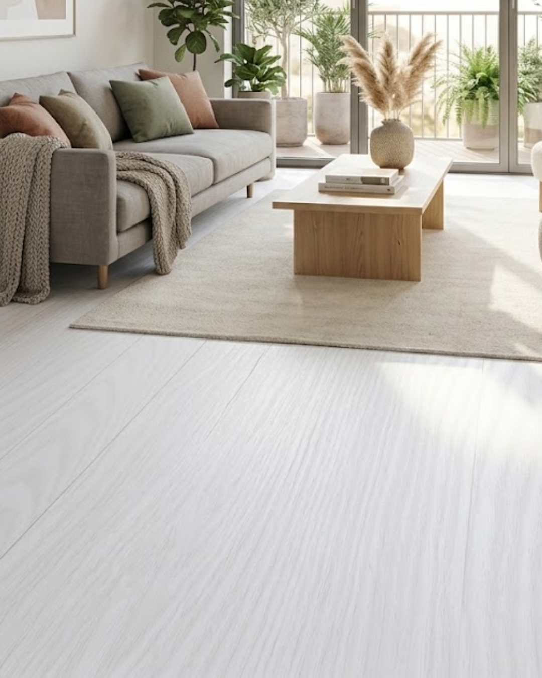 Marble Oak SPC flooring installed in a bright modern living room