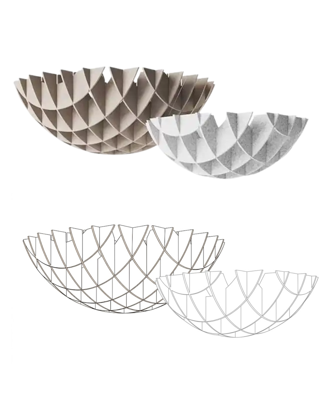 Acoustic Baffle ceiling panels shown in two color/material options: a textured metallic gold bowl with a faceted petal-like top and a thin silver wire bowl with a geometric lattice design. The image displays both the textured gold and textured silver versions, as well as their corresponding wire versions, arranged in a clean 2x2 grid on a solid white background.