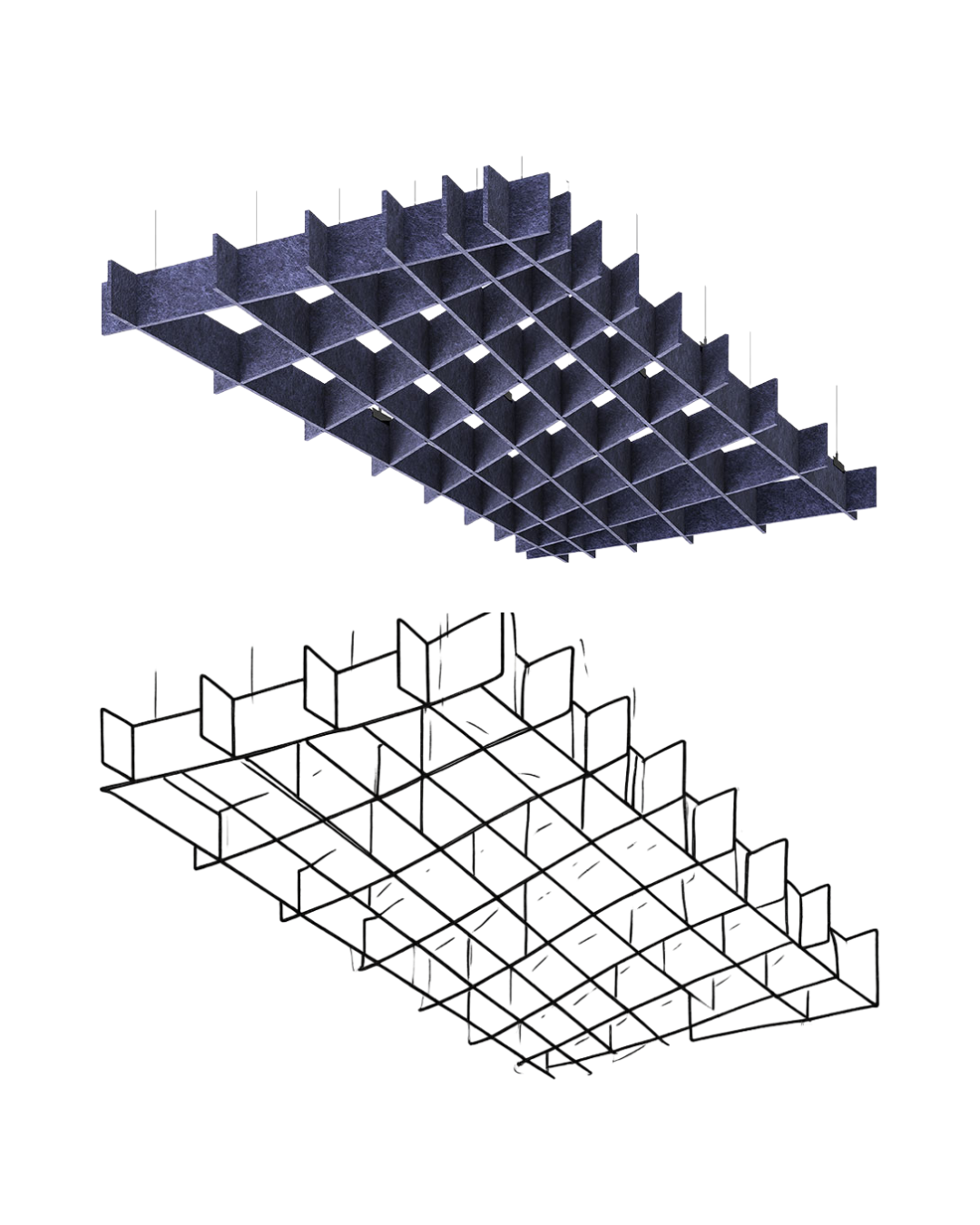 Acoustic Baffle ceiling panels of a dark blue-gray geometric grid ceiling or wall panel, shown above a black line drawing of the same structure on a plain white background.