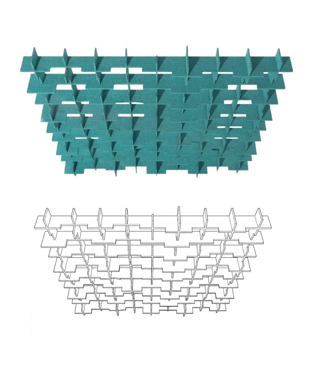 Acoustic Baffle ceiling panels, tiered lattice structure shown in two views: a solid teal top view and a white wireframe side view, on a plain white background.