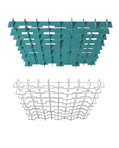 Acoustic Baffle ceiling panels, tiered lattice structure shown in two views: a solid teal top view and a white wireframe side view, on a plain white background.