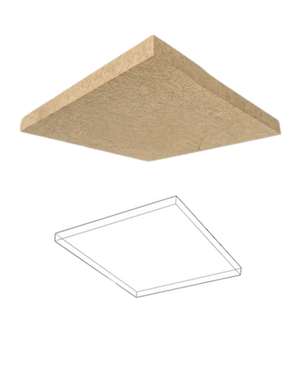 A square acoustic foam panel with a textured beige surface, shown above a simple line drawing of its transparent or hollow frame on a white background.