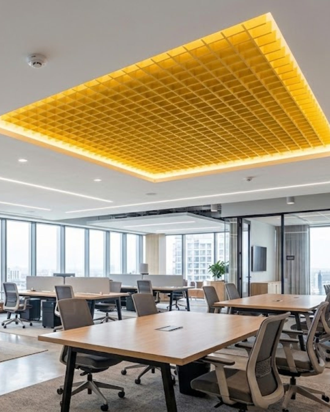 A modern office interior with a large glowing yellow grid cAcoustic Baffle ceiling panels as the focal point, surrounded by desks, chairs, windows, and office partitions.