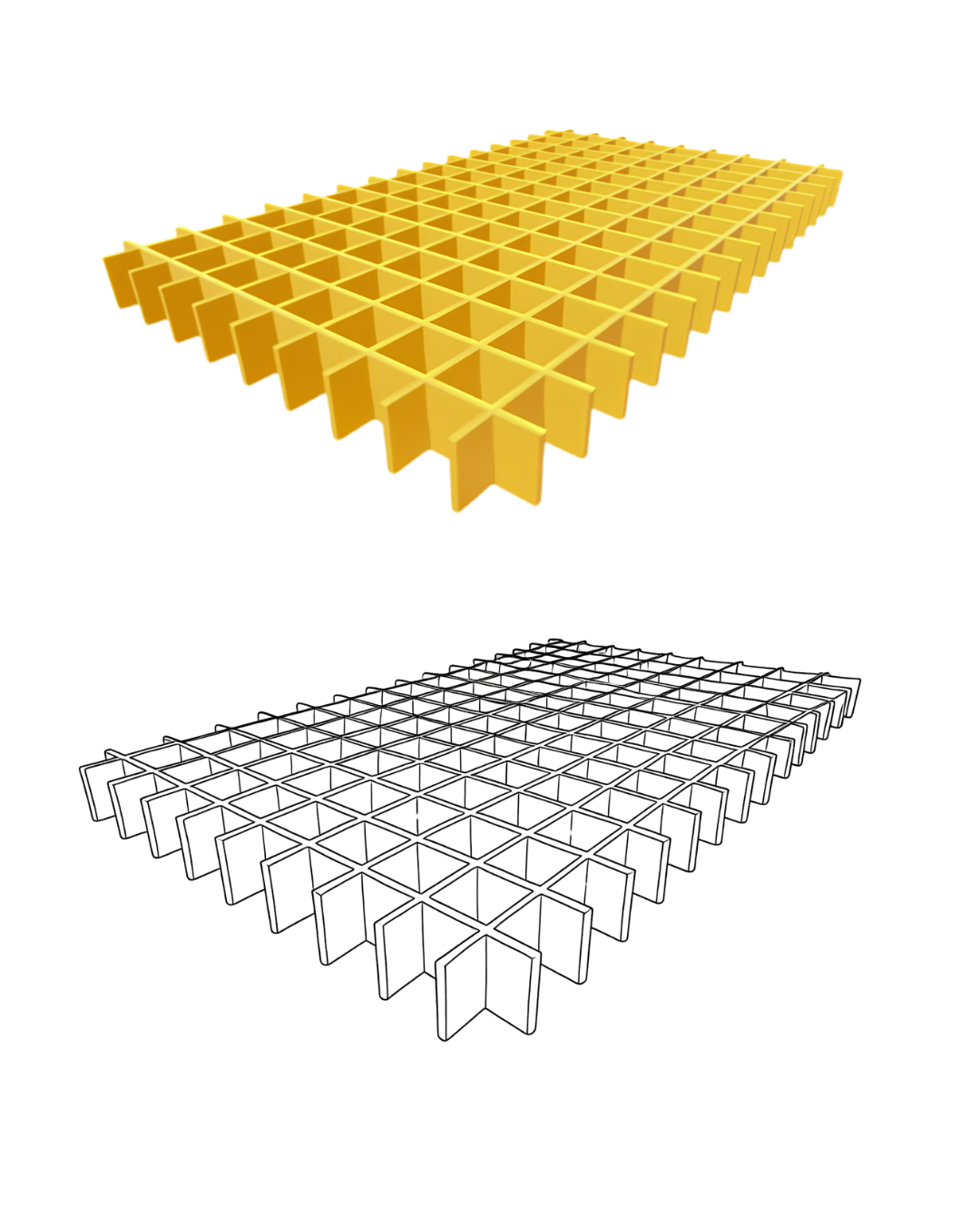 Acoustic Baffle ceiling panels shown from an elevated angle, with a second view below as a black-and-white wireframe of the same structure on a plain white background.