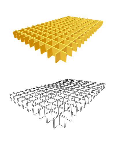 Acoustic Baffle ceiling panels shown from an elevated angle, with a second view below as a black-and-white wireframe of the same structure on a plain white background.