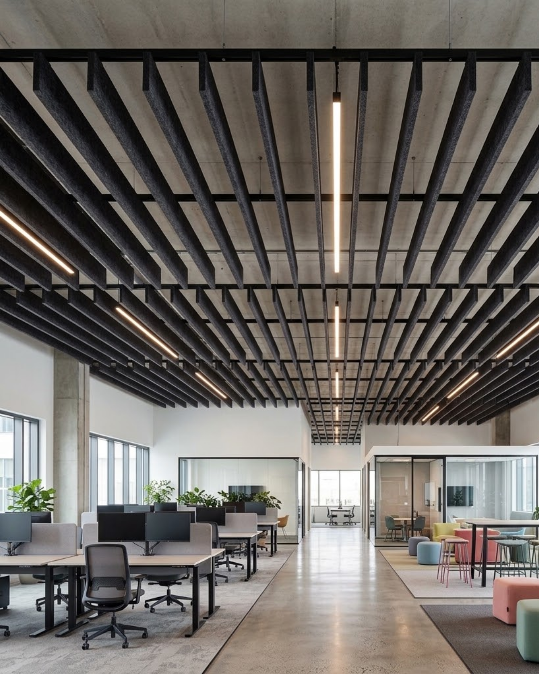 A modern open-plan office interior with rows of black Acoustic Baffle ceiling panels, linear pendant lights, desks, office chairs, and glass walls in the background.
