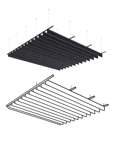 Acoustic Baffle ceiling panels sunshade or vent cover system, shown in two views: one filled with dark material and one as a line drawing, on a plain white background.