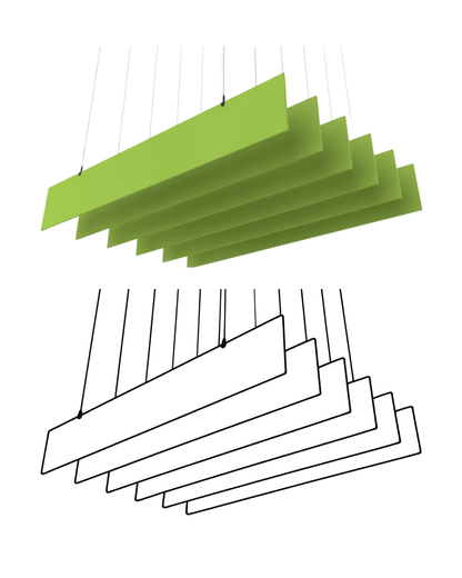 A modern linear Acoustic Baffle ceiling panels light fixture shown in two views: a green rendered view of the panels and a black line drawing showing the hanging suspension cables and layered panel structure, on a plain white background.