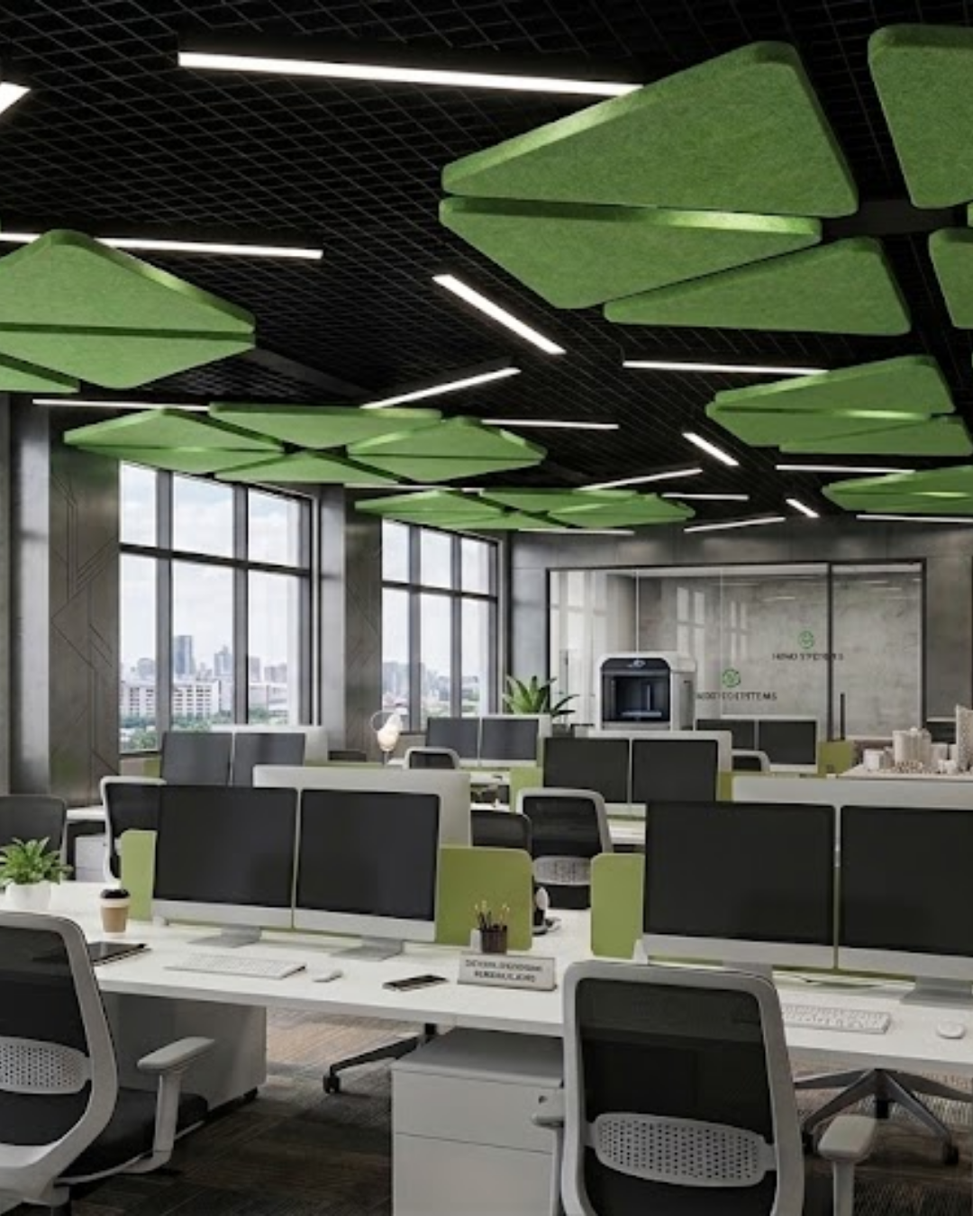 Modern office interior with rows of white desks, computer monitors, office chairs, and large green acoustic wall and Acoustic Baffle ceiling panels.