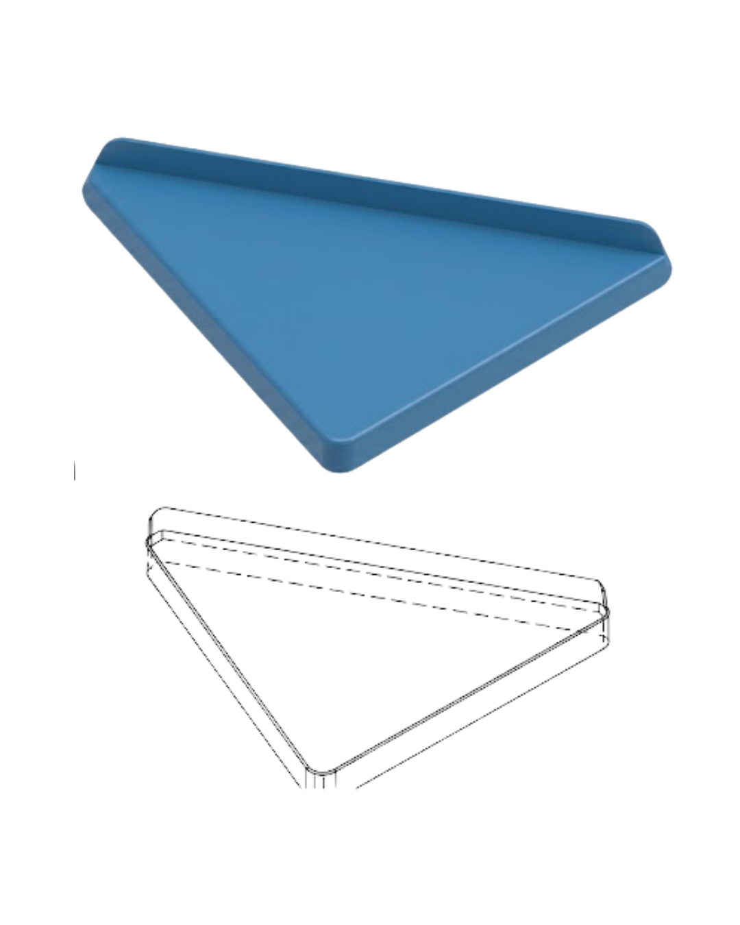 A blue triangular tray or dish shown from an elevated angle above a simple line drawing of the same item on a white background.