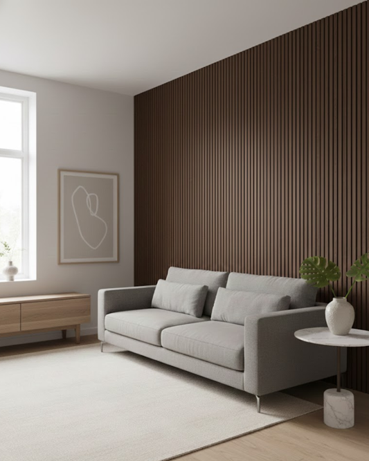 Modern living room with a gray sofa, wooden sideboard, and decorative elements by Wood Panel Philippines.