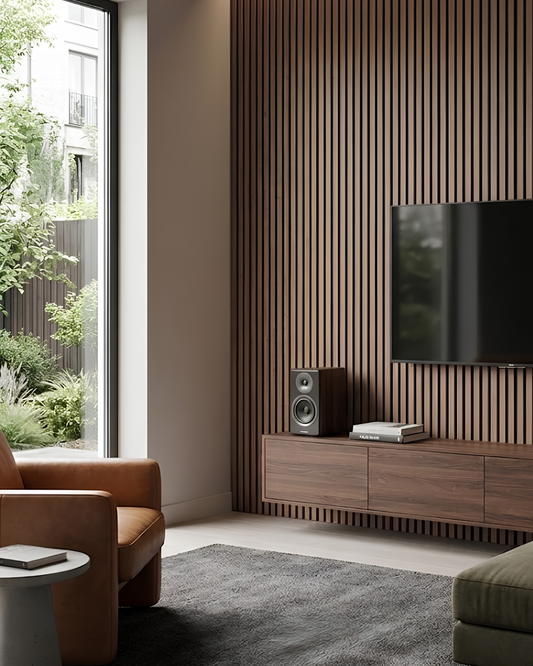 Modern living room with wooden wall paneling, TV, and furniture by Wood Panel Philippines.