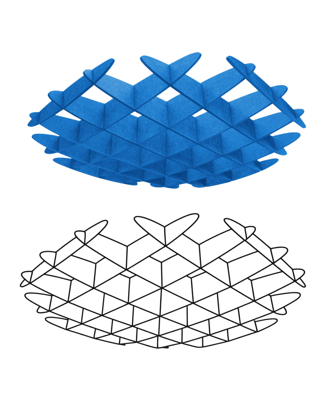 A blue geometric bowl with a lattice-like open structure, shown above Acoustic Baffle ceiling panels of the same design on a plain white background.