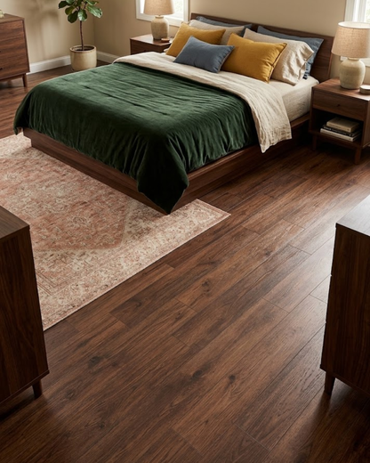 Walnut SPC flooring installed in a warm modern bedroom