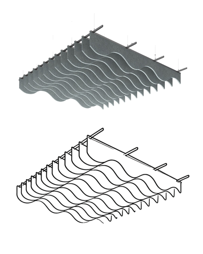 Technical product rendering of a wavy Acoustic Baffle ceiling panels, shown in both shaded and line-art views on a white background.