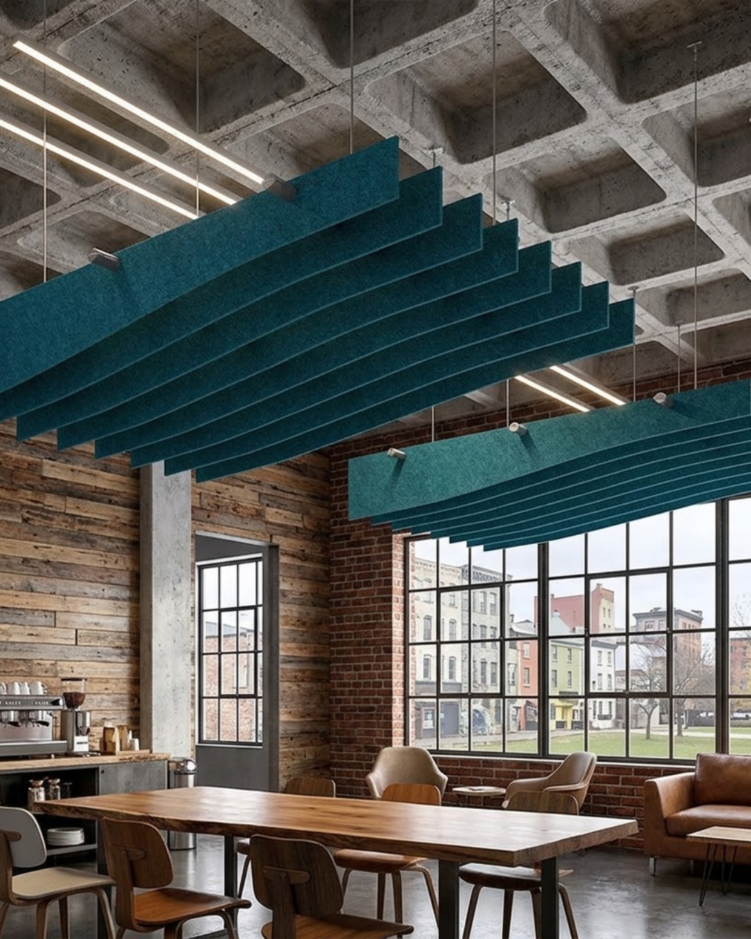 Acoustic Baffle ceiling panels suspended from the ceiling in a modern industrial loft office space with exposed concrete and brick walls.