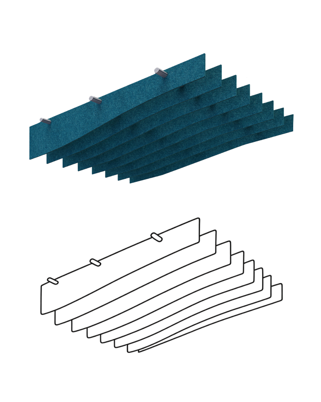 A set of teal textured a Acoustic Baffle ceiling panels shown from an isometric angle, with a black line drawing schematic below it, on a solid white background.