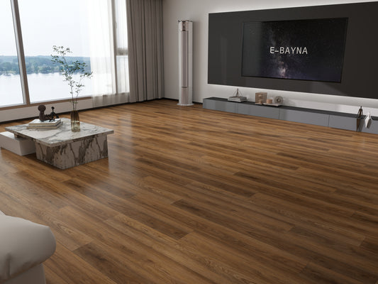 Modern living room with wooden Walnut Brown Vinyl Plank Flooring, a TV, and decorative items.