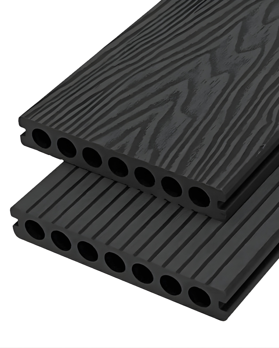 Two black composite Outdoor WPC Floor Decking boards with a textured surface on a white background