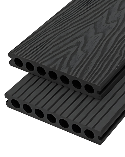 Two black composite Outdoor WPC Floor Decking boards with a textured surface on a white background